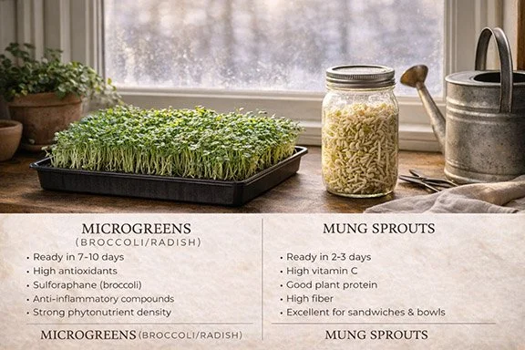 a comparison of mung beans and microgreens on a rustic table with a watering can