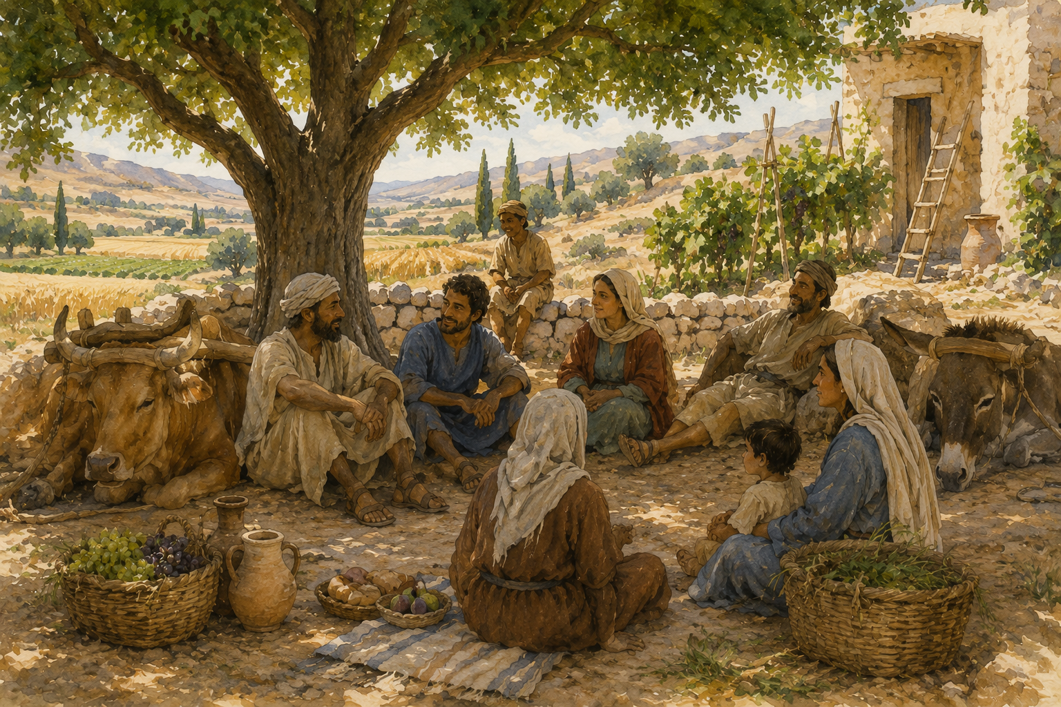 Watercolor scene of an ancient Israelite household resting together beneath a tree with their oxen, illustrating the Shabbat command that servants and animals rest too.