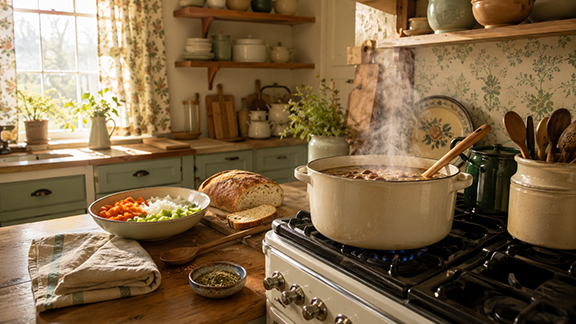 Pot of beans cooking on a stove in a homestead kitchen with cut veggies and homemade bread nearby