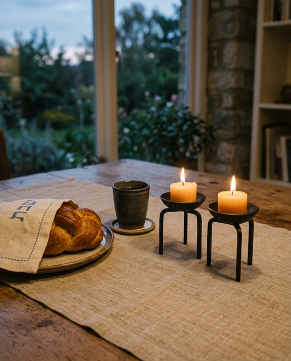 two beeswax tealights on pedestals  with challah on a plate covered with a cloth, a cup of tea, and a linen cloth on a rustic table