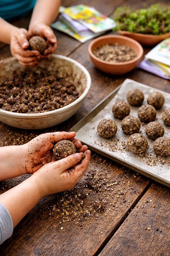children's hands rolling seeds into dirt balls