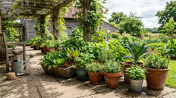 a patio with multiple plants growing in containers