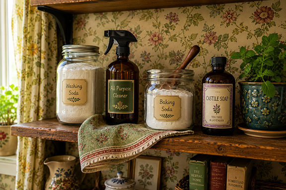 Homemade non-toxic cleaning supplies on a shelf