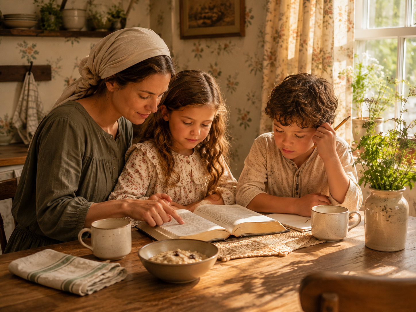 A mother in a head scarfis teaching Torah to kids at the breakfast table in the sunlight.