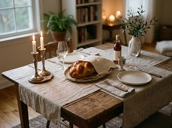 A simple dining table prepared for Shabbat in soft evening light