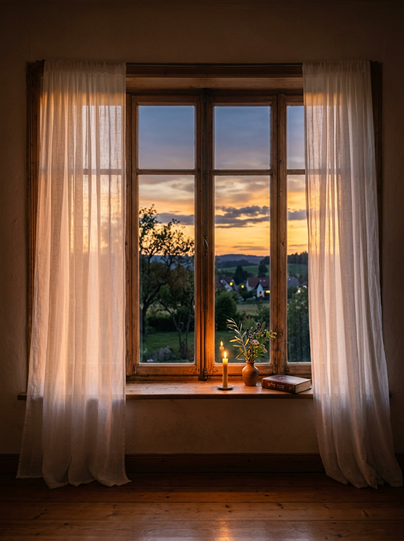 curtains gently moving in the wind across  tall windows. A window seat hosts a lit candle, a bible, and a small vase of wildflowers. sunset.