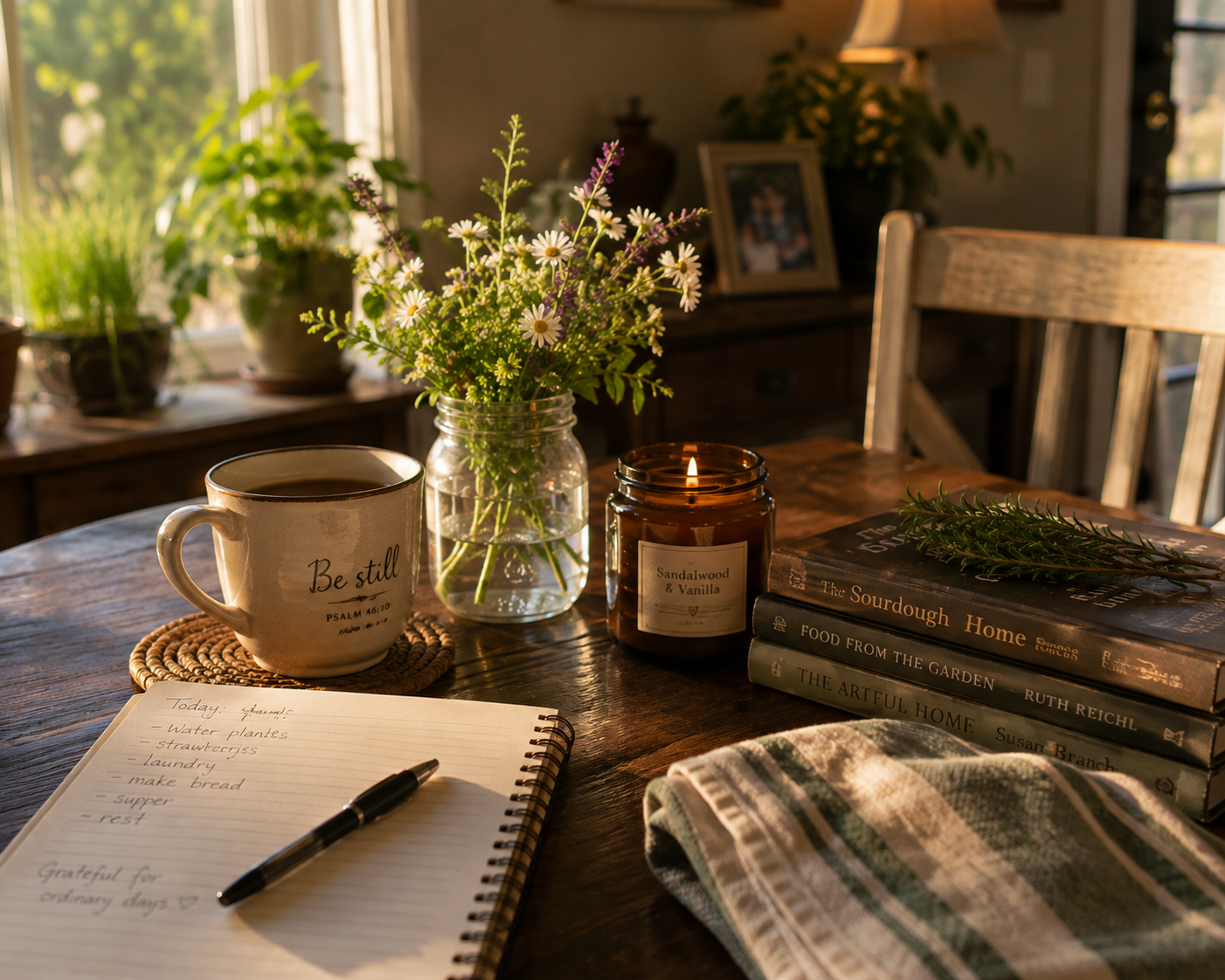 Coffee, wildflowers, a notebook, garden books, and a folded kitchen towel glowing in the late-afternoon light of an ordinary day