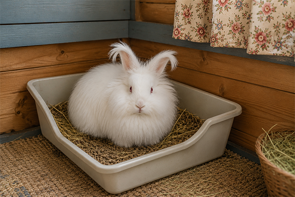 white angora rabbit in a litter bos in a corner