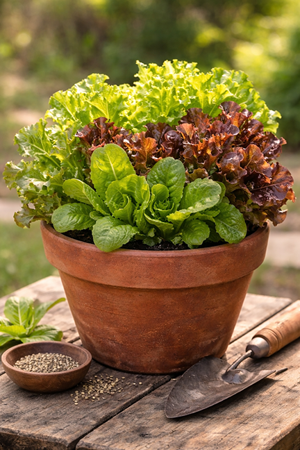 lettuce in a pot on a bench