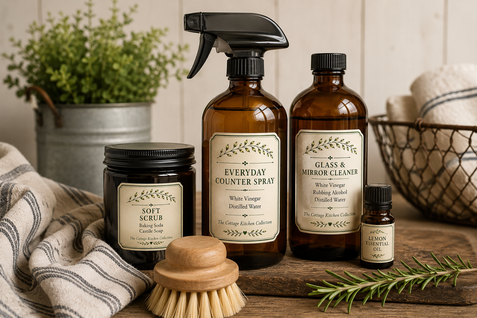 Four pantry ingredients for homemade non-toxic cleaners arranged on a warm cottage kitchen counter with amber bottles and mason jars.