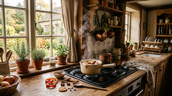 Apples and cinnamon simmering in a pot on the stove in a rustic kitchen