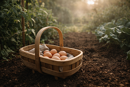 basket of eggs in a garden