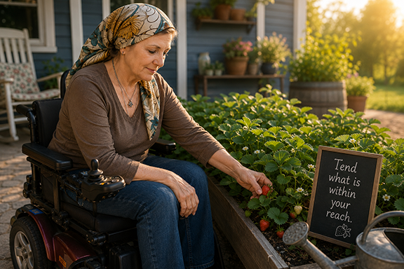Woman in a power wheelchair tends strawberry plants in a raised garden bed beside a sign reading “Tend what is within your reach.”