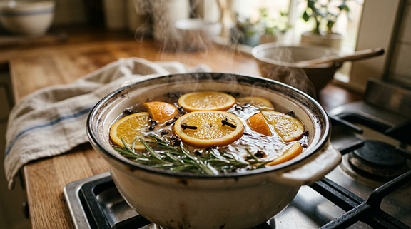 pot on stove with orange slices, rosemary and cloves simmering in water