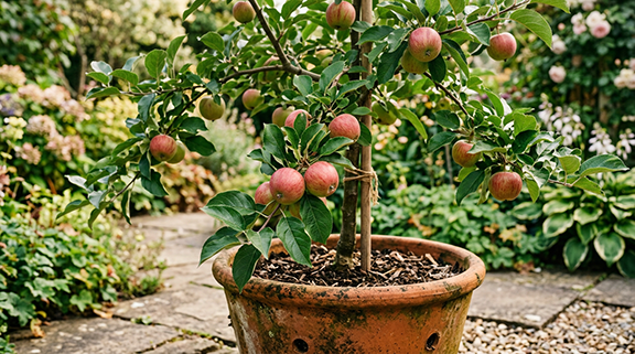 close up of apples on a dwarf apple tree