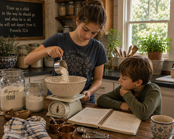 A teenage girl measures flour on a kitchen scale while a younger boy watches and a handwritten bread recipe rests open on the counter in a cozy farmhouse kitchen.