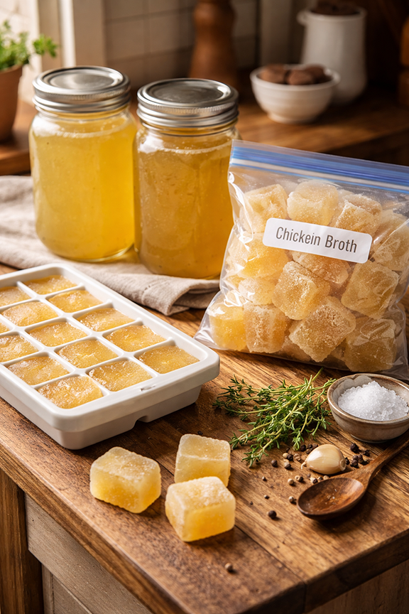 Homemade chicken broth stored in glass jars and frozen in ice cube trays on a rustic kitchen counter