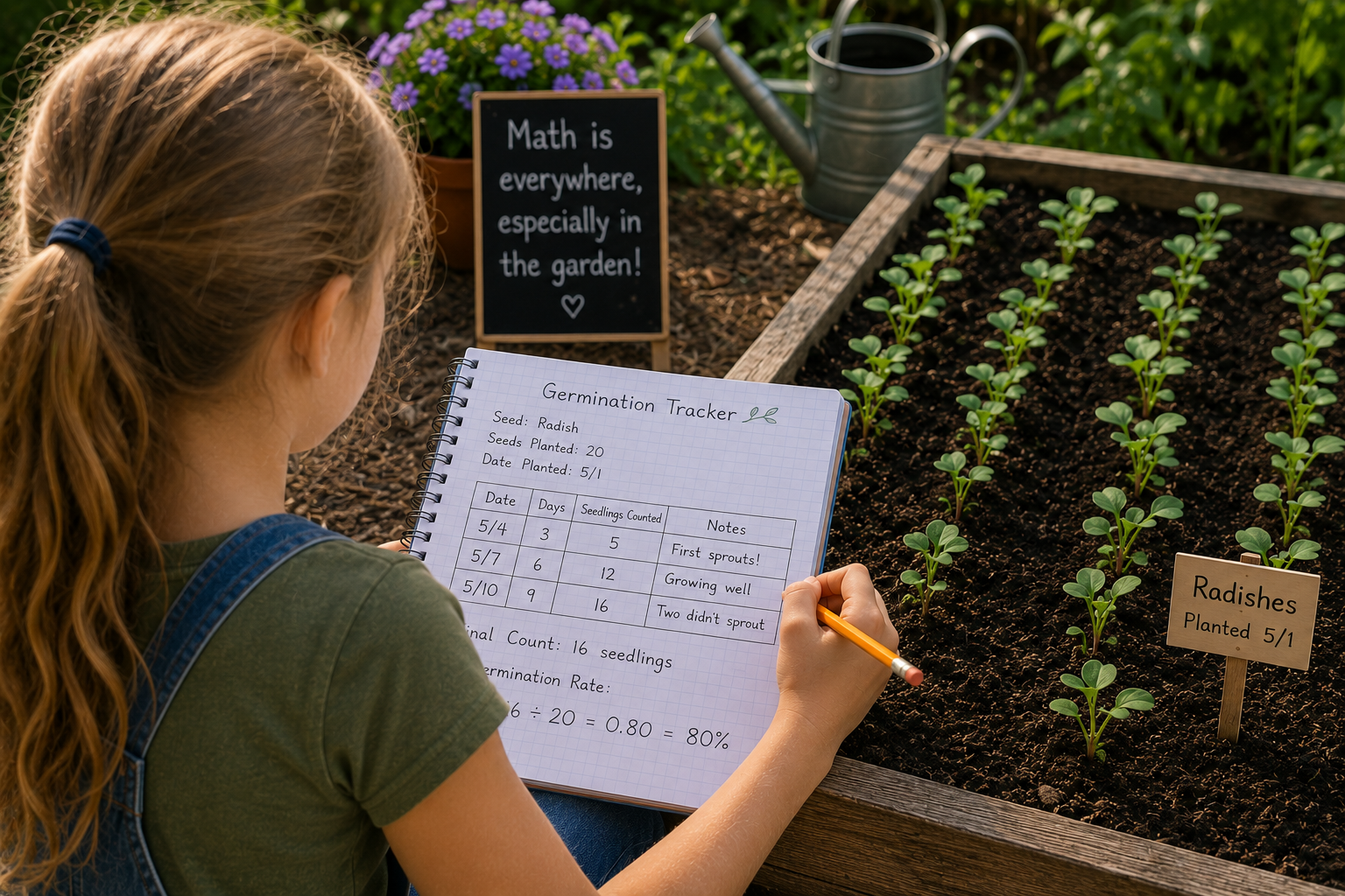Child records radish seed germination data in a notebook while counting seedlings in a raised garden bed for a hands-on math lesson.