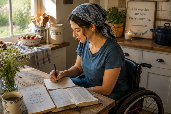 A young woman wearing a blue head covering writes in her journal at a rustic kitchen table with an open Bible, coffee, and fresh flowers nearby, symbolizing quiet reflection and spiritual growth through daily rhythms.