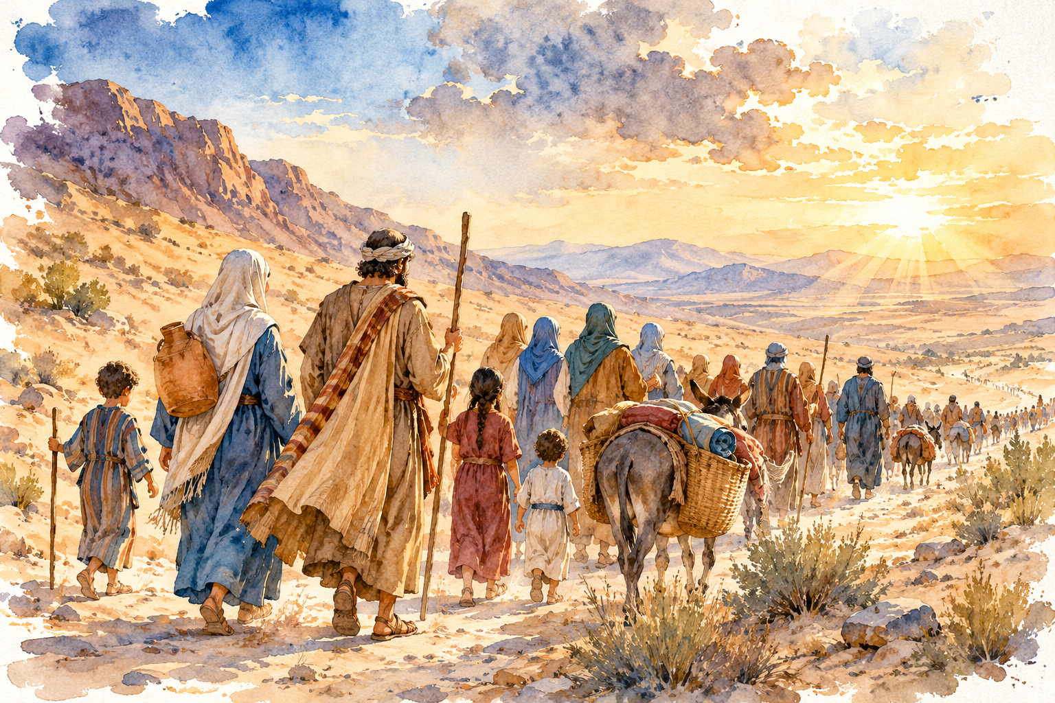 Watercolor illustration of Israelite families leaving Egypt and walking into the wilderness, reflecting Shabbat as a remembrance of freedom from slavery.