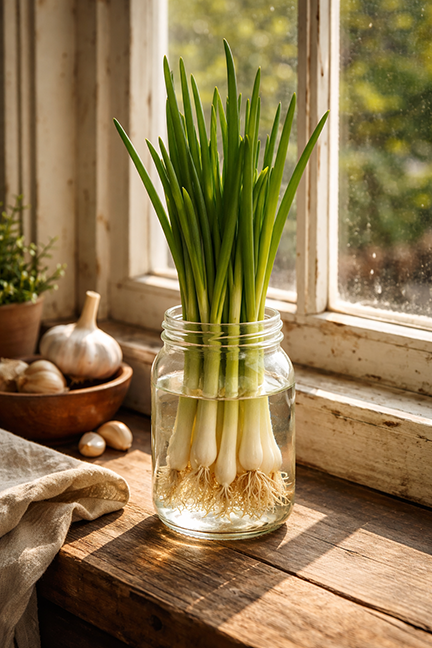 green onions growing in a jar of a rustic kitchen window sill in the sunlight