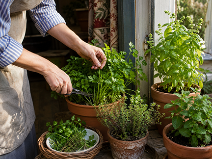 A woman in an apron harvesting herbs in a small potted garden