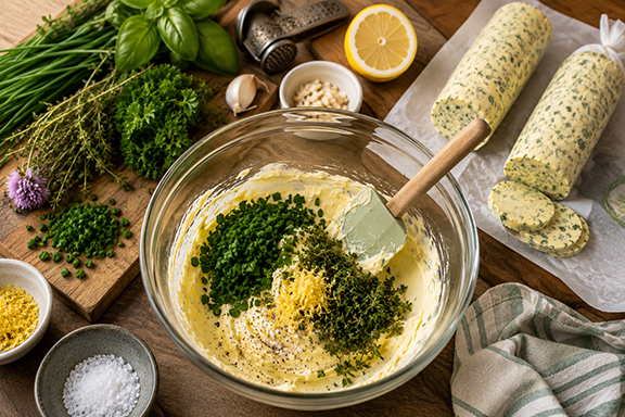 Softened butter with chopped fresh herbs, lemon zest, salt, and seasonings being mixed in a glass bowl to make garden herb butter.