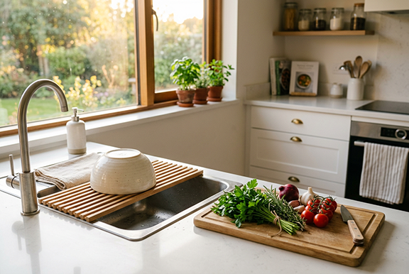 a perfectly clean kitchen with veggies chopped and waiting for use