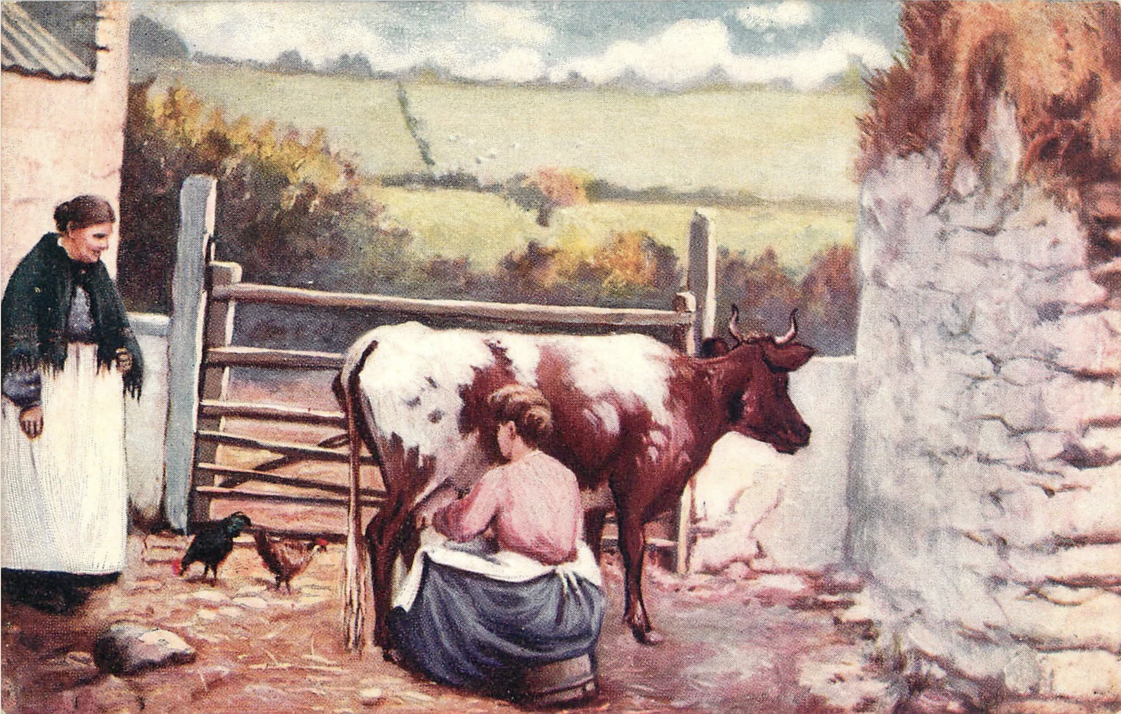 an old fashioned farm with two women in the barnyard, one milking a cow