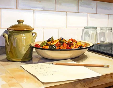 A painting of a green jar with a lid, an enamel bowl of cut vegetables, a handwriten list and a pencil on a countertop against a white tile blacksplash