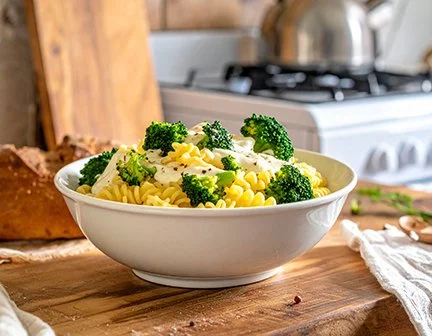 pasta and broccoli with cheese sauce in a bowl with homemade bread on the side