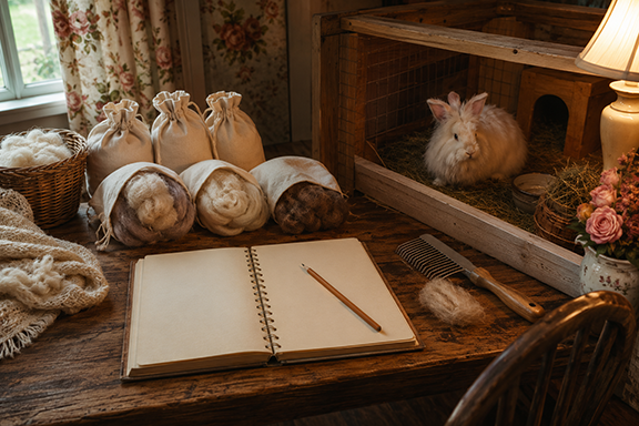 A home office in a small space, indoor rabbitry with a records book and pencil, a comb, bags of wool, and a rabbit off to the side.