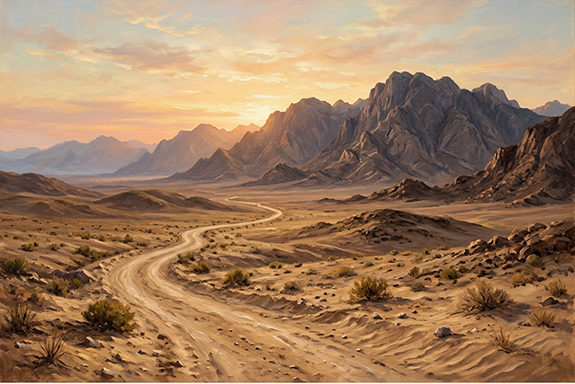 Adesert road leading into the mountains at sundown