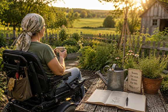 Woman in a head covering relaxing in her power wheelchair with a warm drink while overlooking a peaceful homestead garden at sunset.
