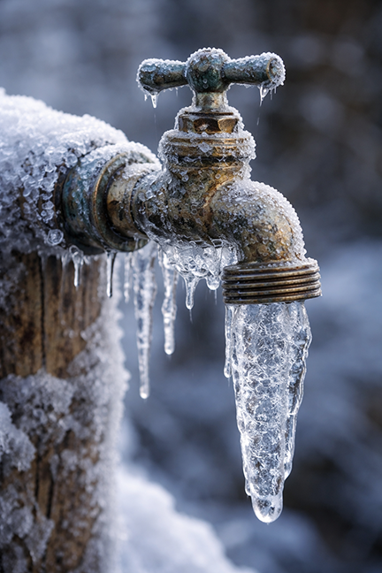 a frozen water spigot in a wintery landscape