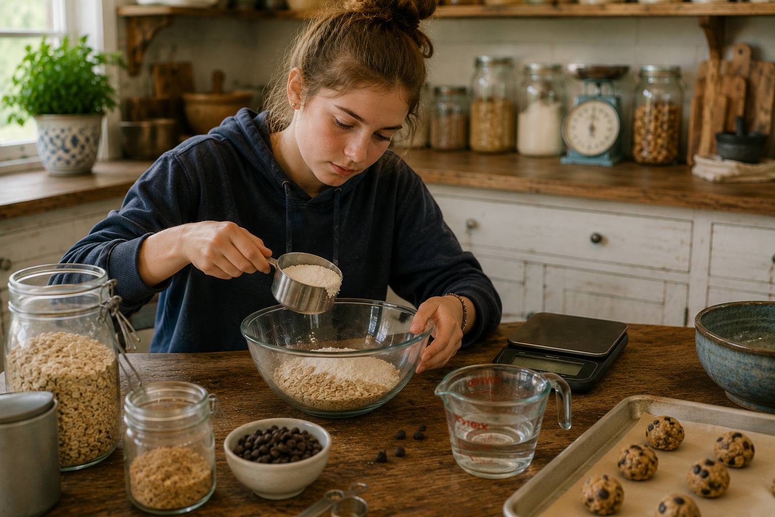 A homeschooled teenager weighs and measures ingredients in the kitchen, using a scale and measuring cups to explore practical math through baking.