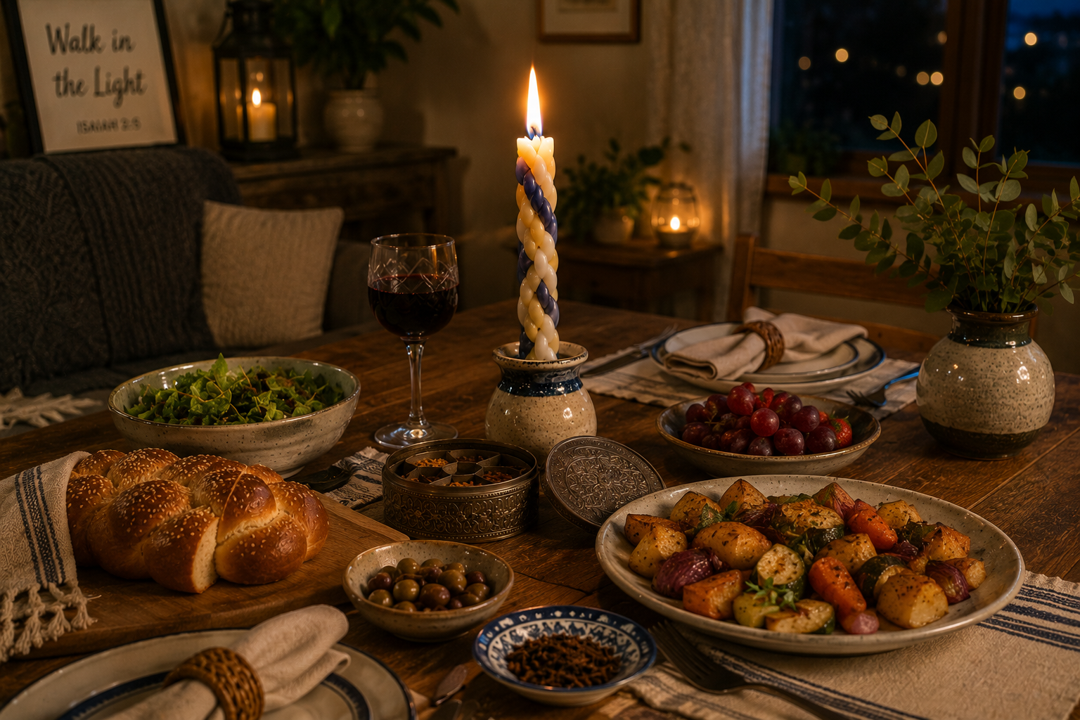Warm Saturday evening table set for a Melaveh Malkah meal with bread, roasted vegetables, salad, fruit, wine and a glowing braided candle.