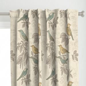 hand drawn birds on branches on curtains