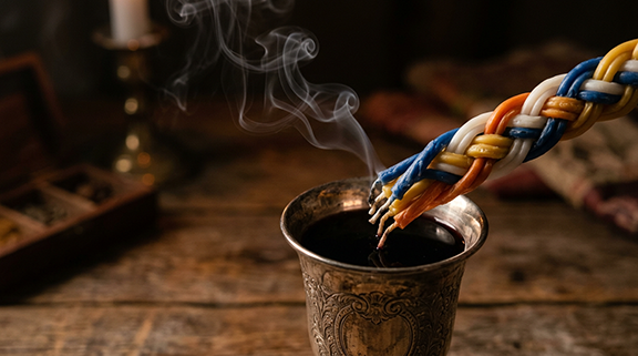 A braided Havdalah candle is extinguished in a cup of wine.