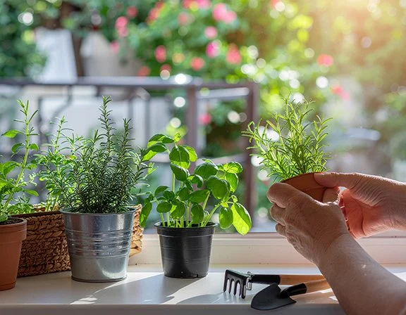 Hands holding a small pot with herbs in a windowsill garden with small tools nearby