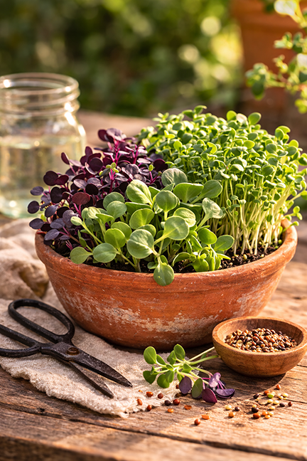 microgreens growing in a shallow pot on a bench with snipped greens and seeds in a bowl