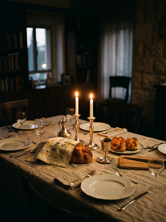 A nicely set Shabbat table with candles, challah covered with a cloth, and wine  in a darkened room