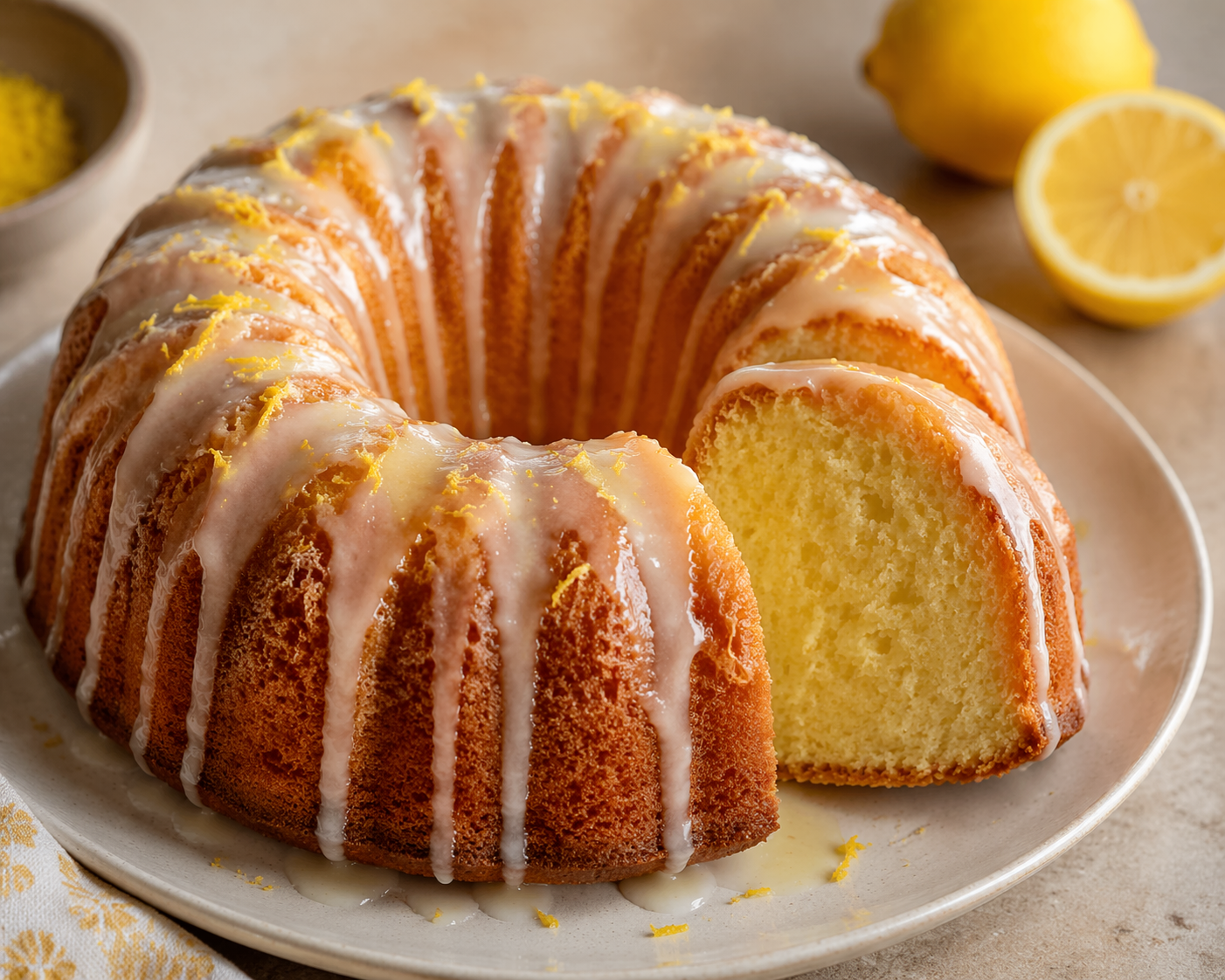 beautiful lemon sourdough ciambella cake with lemon glaze on a plate