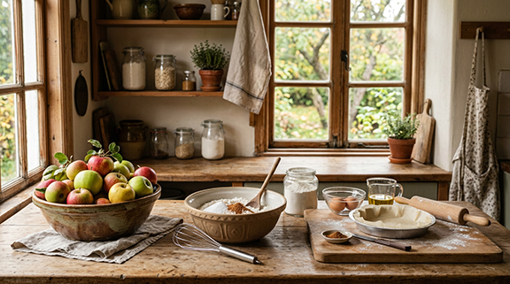 a rustic kitchen with a bowl of apples and baking utensils for making an apple pie