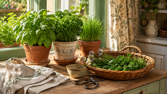 herbs in pots on a table near a window. a basket of freshly cut herbs and scissors