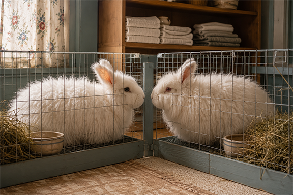 two rabbits nuzzline noses through the cage wire