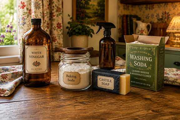 Ingredients for non toxic cleaning supplies displayed on a table