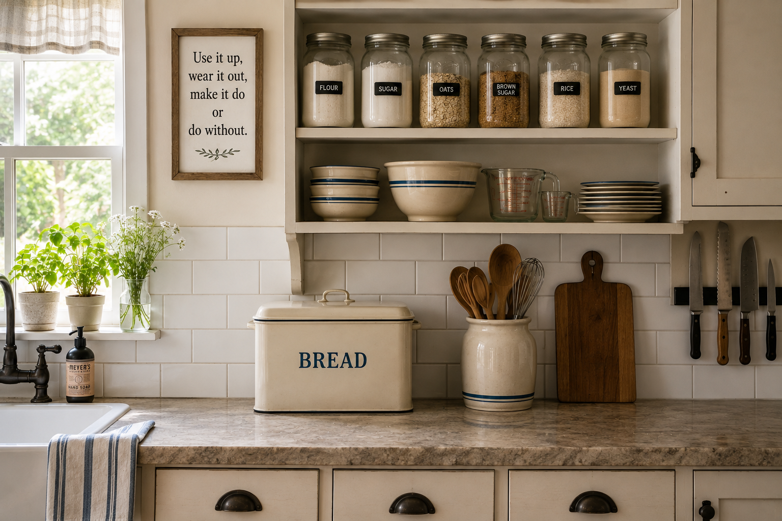 Clean farmhouse kitchen after breadmaking, with ingredients and mixing bowls put away, tools in their places, and clear countertops ready for the next task.