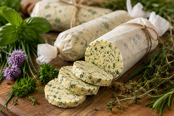 Homemade fresh garden herb butter shaped into logs, with one log sliced into rounds and surrounded by fresh herbs.