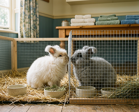 Two angora rabbits, one grey and one white, in separate cages touch noses through the wire